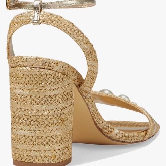 Lilly Pulitzer May Heeled Sandal Raffia Pearl Block Heel Gold Size 6.5 - Picture 4 of 16